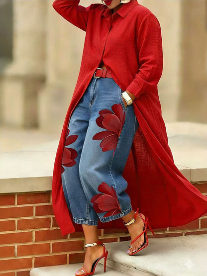 Loose Wide Leg Flower Print No Belt Pockets Jean Pants Bottoms Ninth Pants