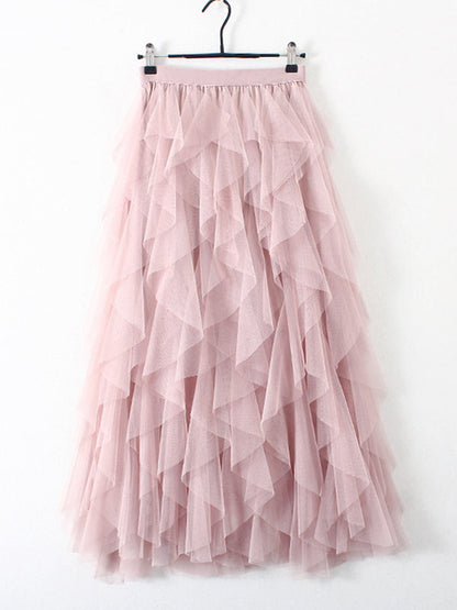 Original Irregular Mesh 4 Colors Falbala Pleated Elasticity Skirt