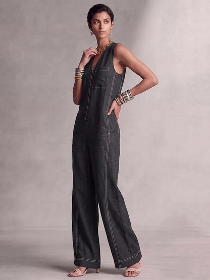 High Waisted Sleeveless Contrast Color Pockets Zipper V-Neck Jumpsuits