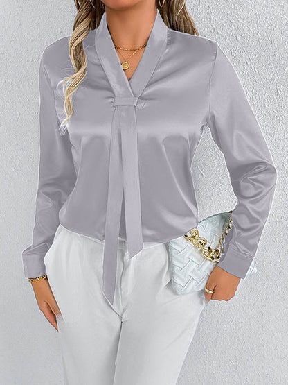 Long Sleeves Loose Solid Color Split-Joint Streamer Scarf Collar Blouses&Shirts Tops