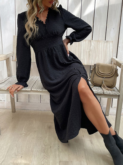A-Line Long Sleeves Buttoned Elasticity Solid Color Split-Side V-Neck Midi Dresses