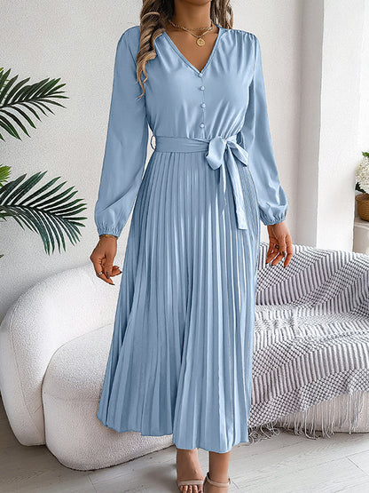 High Waisted Long Sleeves Belted Buttoned Pleated Solid Color V-Neck Maxi Dresses