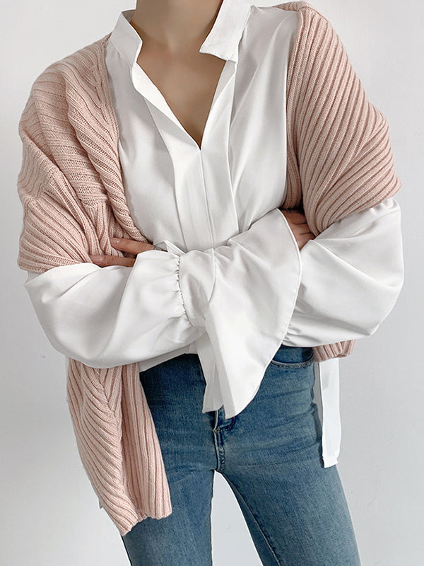 Flared Sleeves High-Low Buttoned Solid Color Split-Side V-Neck Blouses&Shirts Tops