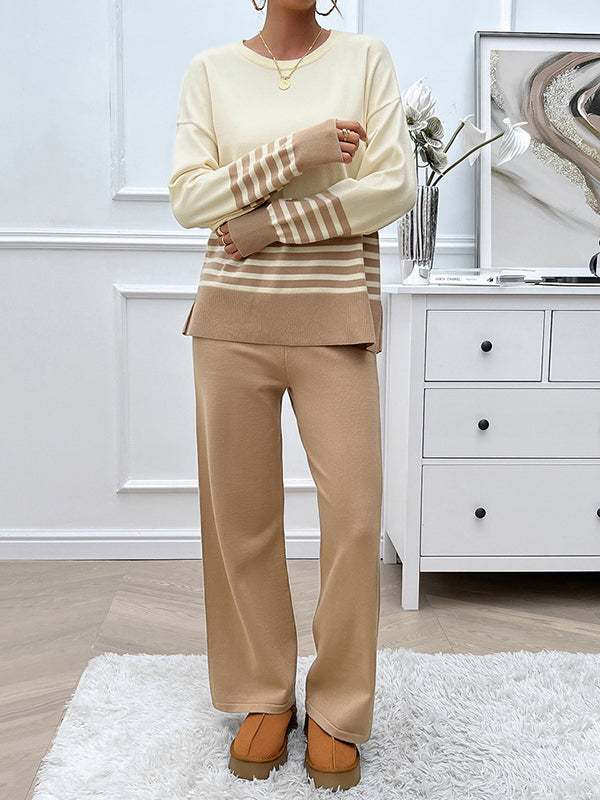 Long Sleeves Loose Contrast Color Split-Side Striped Round-Neck Sweater Top + Pants Bottom Two Pieces Set