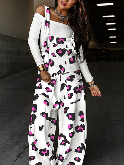 Loose Sleeveless Knot Leopard Pockets Split-Joint Overalls