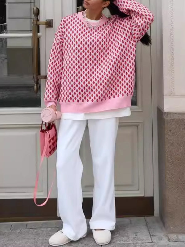 Long Sleeves Loose Pleated Split-Joint Round-Neck Sweater Tops