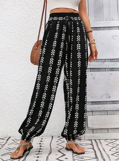 High Waisted Drawstring Pockets Printed Tied Pants Trousers