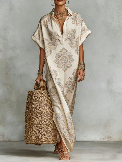 Loose Short Sleeves Buttoned Contrast Color Flower Print Split-Side Lapel Maxi Dresses
