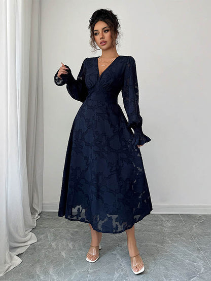 A-Line Elasticated Waist Jacquard Leaves Print Ruffled Solid Color Split-Joint Deep V-Neck Midi Dresses