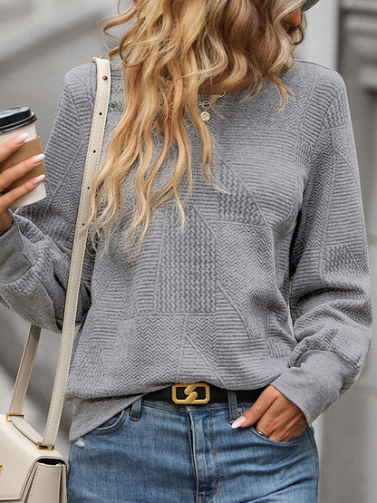 Long Sleeves Loose Jacquard Solid Color Round-Neck Sweatshirt Tops