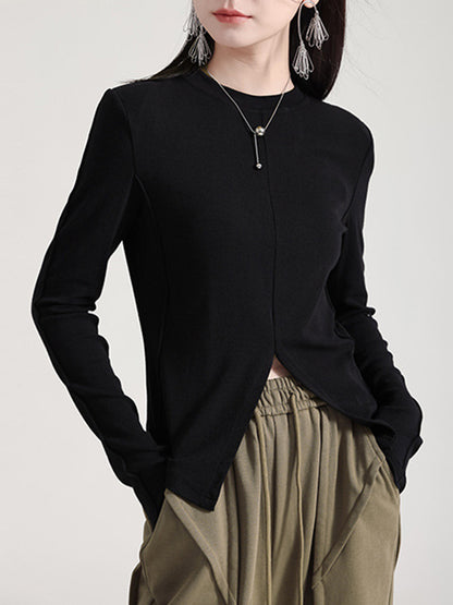 Long Sleeves Skinny Solid Color Split-Front Round-Neck T-Shirts Tops