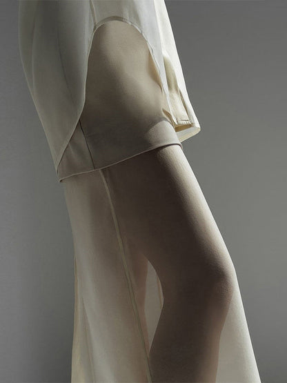 Loose Solid Color See-Through Long Sleeves Lapel Blouse + Skirt Two Pieces Set