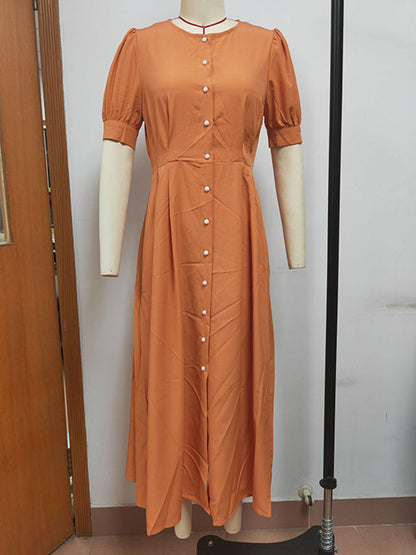 Puff Sleeves Short Sleeves Buttoned Solid Color Round-Neck Midi Dresses Shirt Dress