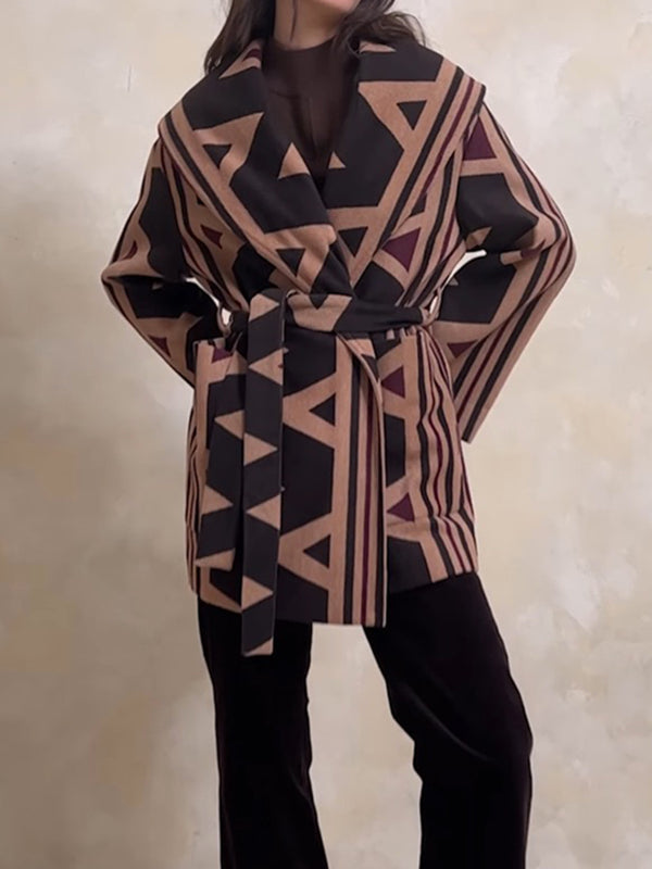 Long Sleeves Loose Pockets Printed Tied Waist Collarless Outerwear Woolen Coat