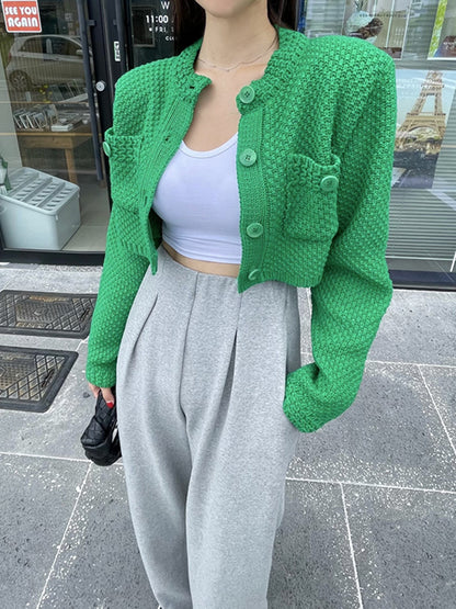 Long Sleeves Buttoned Pockets Solid Color Round-Neck Cardigan Tops