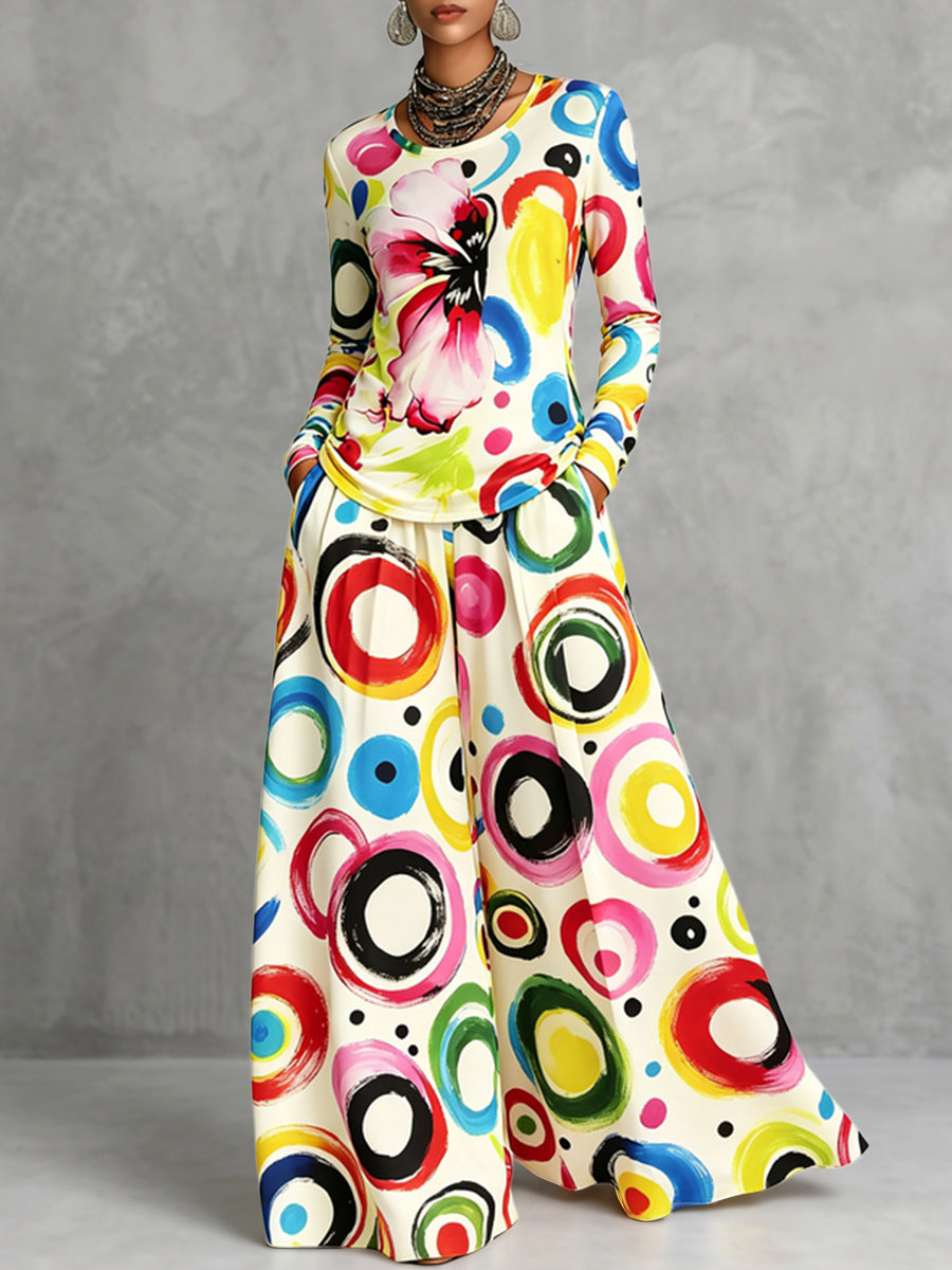 Printed Polka-Dot Pockets Elasticity Colorful Wide Leg Loose Trousers Pants