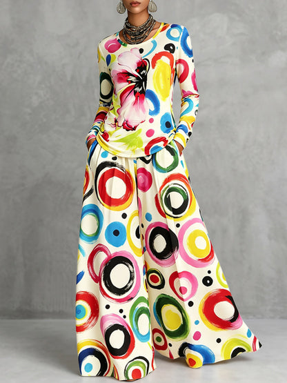 Printed Polka-Dot Pockets Elasticity Colorful Wide Leg Loose Trousers Pants