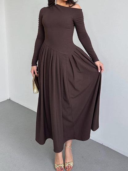 A-Line Bodycon Asymmetric Pleated Solid Color Split-Joint One-Shoulder Maxi Dresses