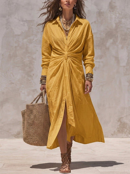 Solid Color Pockets Knot Long Sleeves Lapel Midi Dresses