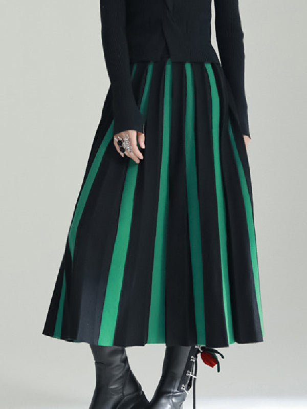 A-Line Loose Contrast Color Pleated Skirts Bottoms