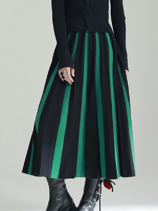 A-Line Loose Contrast Color Pleated Skirts Bottoms
