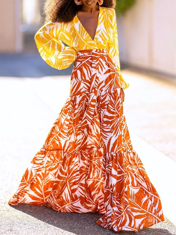 High Waisted Loose Layered Leaves Print Skirts Bottoms