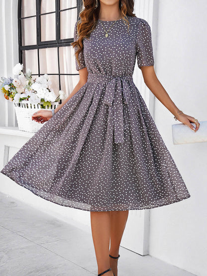 A-Line Elasticated Waist Contrast Color Polka Dot Split-Joint Tied Waist Round-Neck Midi Dresses