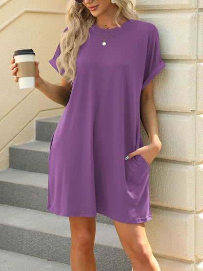 Raglan Sleeve Solid Color Split-Joint Round-Neck Mini Dresses