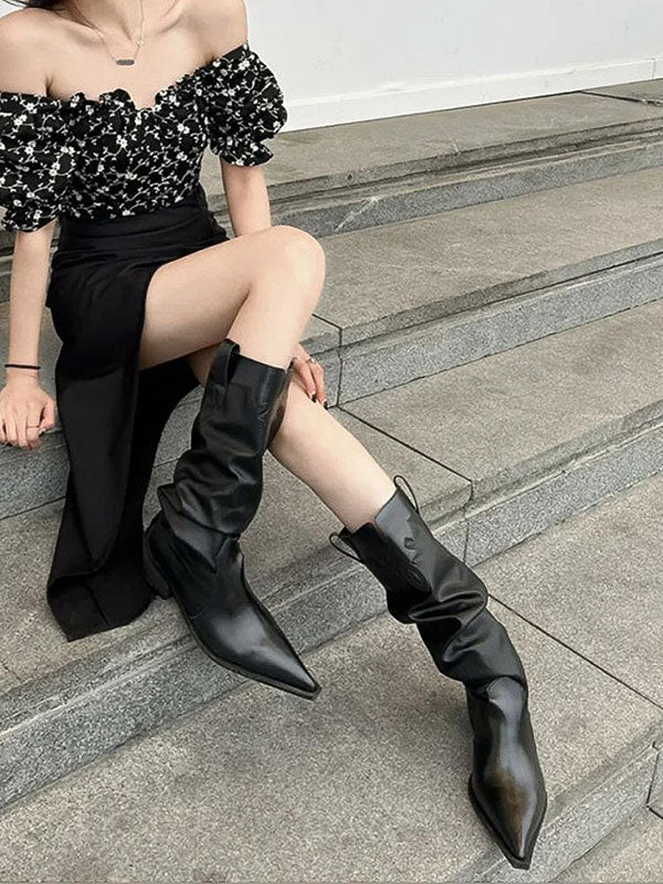 Chunky Shoes Pleated Pointed-Toe Solid Color Boots