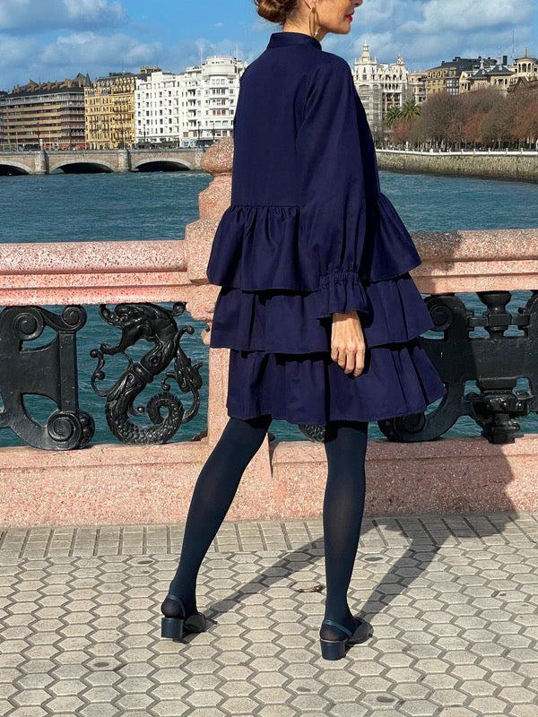 Flared Sleeves Long Sleeves Buttoned Elasticity Layered Solid Color V-Neck Mini Dresses