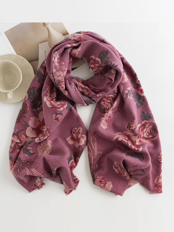 Flower Print Keep Warm Tasseled Shawl&Scarf
