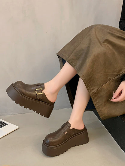 Belt Buckle Round-Toe Split-Joint Loafers Platform Shoes Slippers&Mules
