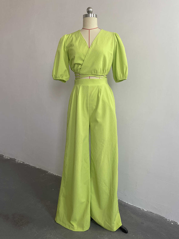 Half Sleeves Elasticity Solid Color Tied V-Neck T-Shirts Top +High Waisted Pants Bottom Two Pieces Set