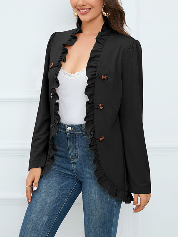 Long Sleeves Loose Buttoned Ruffled Collarless Outerwear