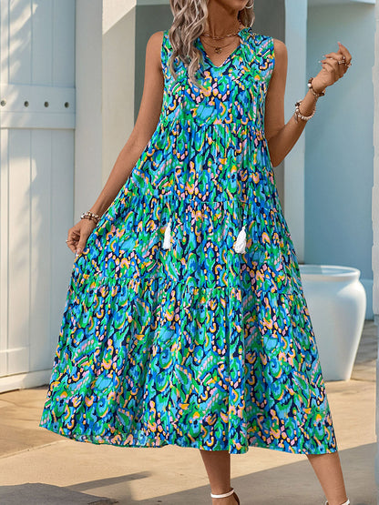A-Line Loose Contrast Color Printed Split-Joint V-Neck Maxi Dresses