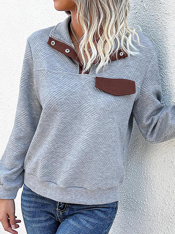 Long Sleeves Loose Buttoned Split-Joint Zipper Lapel Sweatshirt Tops