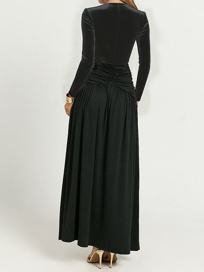 A-Line Bodycon Pleated Solid Color Split-Joint Split-Side Deep V-Neck Maxi Dresses