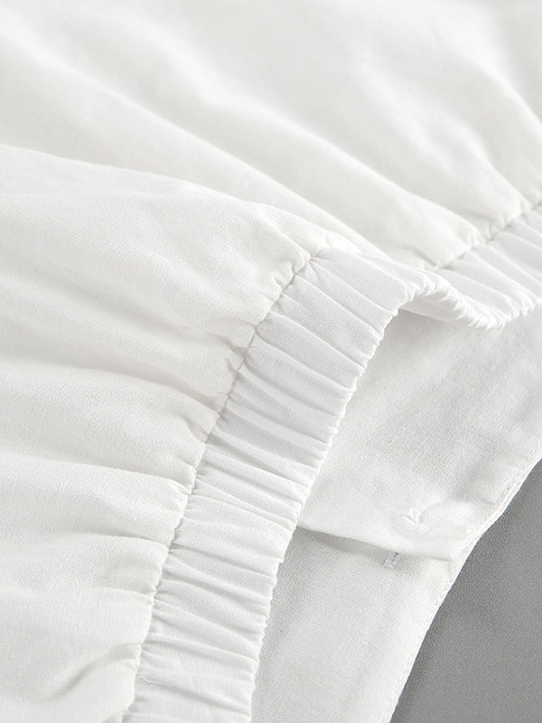 Solid Color Puff Sleeves Split-Joint Stand Collar Blouses + Pleated High Waisted Skirts Two Pieces Set