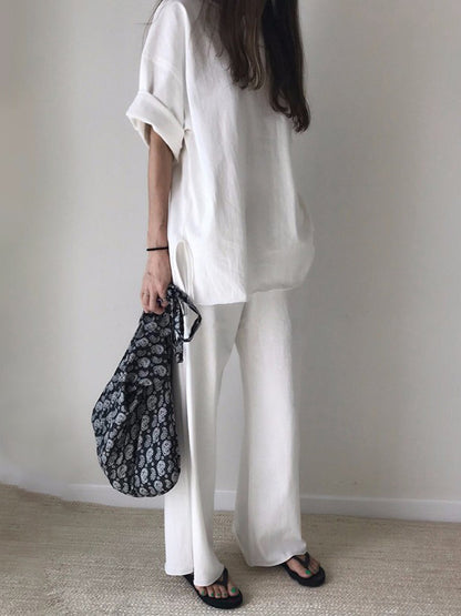 Loose Fringed Solid Color Split-Side Round-Neck T-Shirt+ Pants Two Pieces Set
