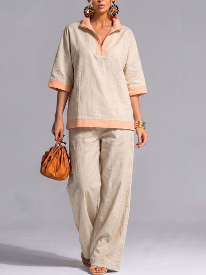 Half Sleeves Contrast Color Zipper V-neck Blouses&shirts Tops + High Waisted Pants Trousers Two Pieces Set