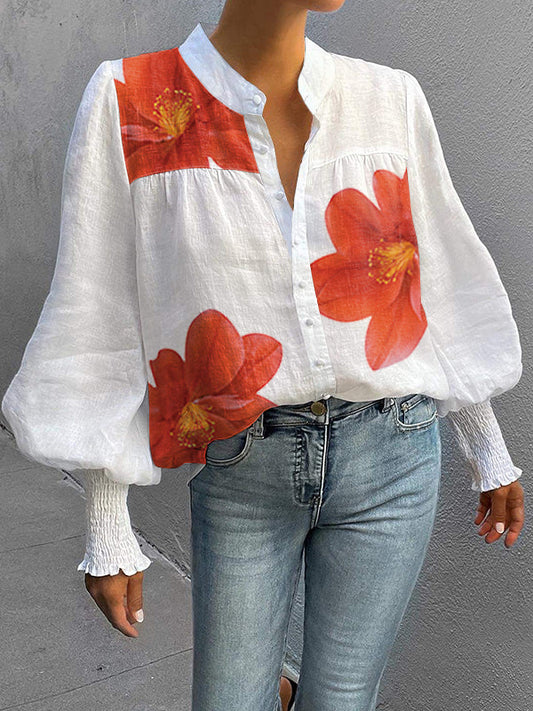 Loose Puff Sleeves Buttoned Flower Print Stand Collar Blouses&Shirts Tops