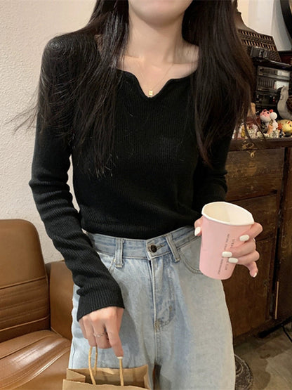 Long Sleeves Skinny Colorful Solid Color V-Neck Knitwear Pullovers Sweater Tops