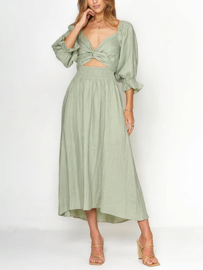 High Waisted Long Sleeves Elasticity Pleated Solid Color V-Neck Midi Dresses