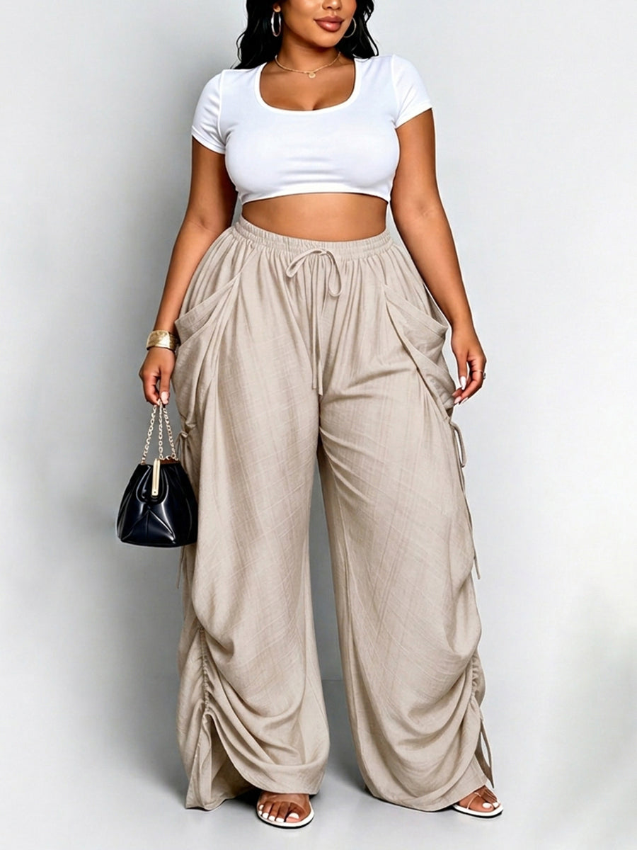 High Waisted Loose Drawstring Elasticity Pockets Split-Joint Pants Trousers