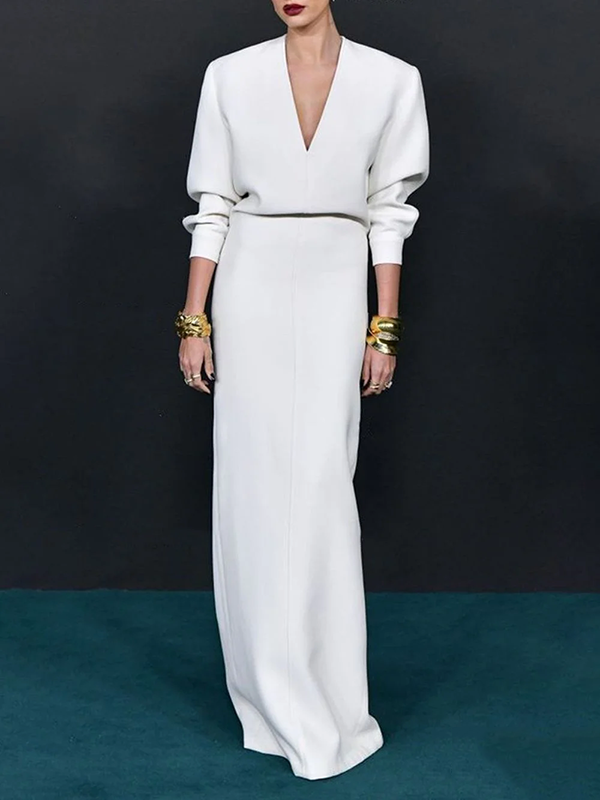 Long Sleeves Loose Solid Color Deep V-Neck Maxi Dresses