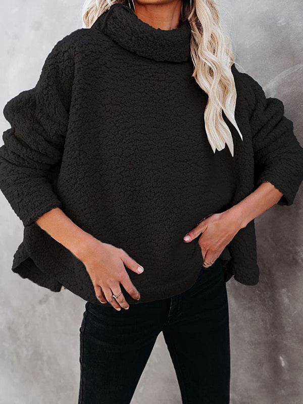 Long Sleeves Loose Solid Color Split-Joint High Neck Sweatshirt Tops