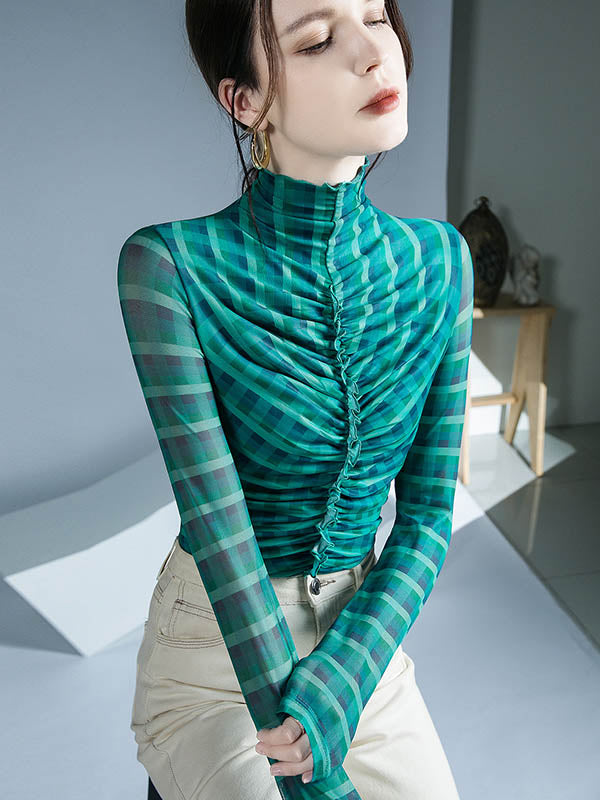 Long Sleeves Skinny Contrast Color Plaid Pleated Split-Joint High-Neck Blouses&Shirts Tops