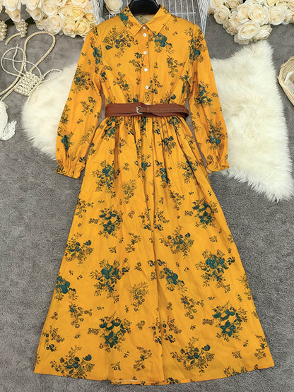 A-Line Elasticated Waist Belted Buttoned Contrast Color Flower Print Pleated Split-Joint Lapel Maxi Dresses Shirt Dress