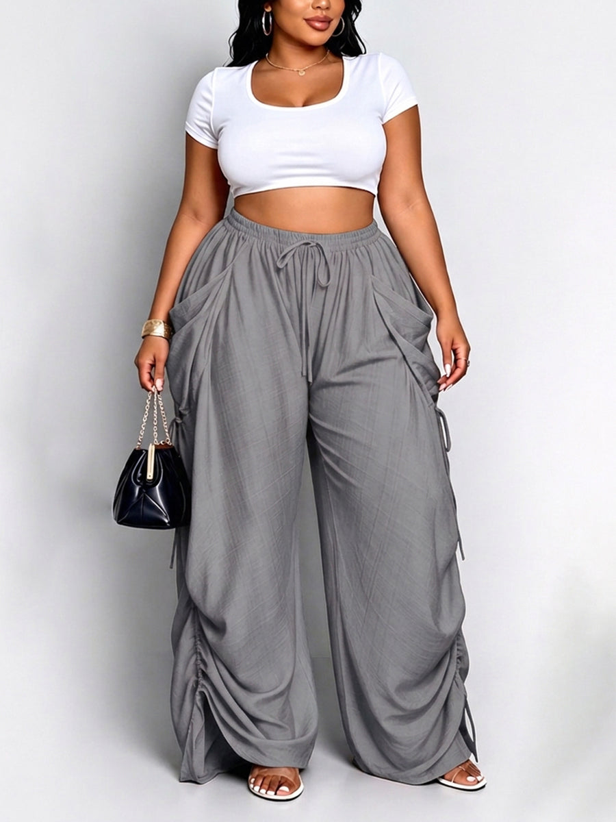 High Waisted Loose Drawstring Elasticity Pockets Split-Joint Pants Trousers