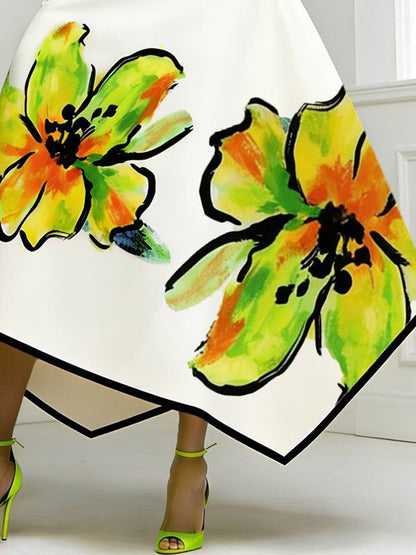 A-Line High Waisted Flower Print Pockets Skirts Bottoms